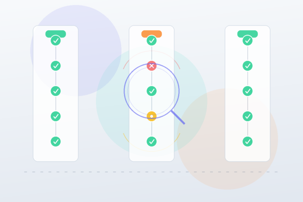 Diagram of three CI test runs showing intermittent failures under a magnifying glass