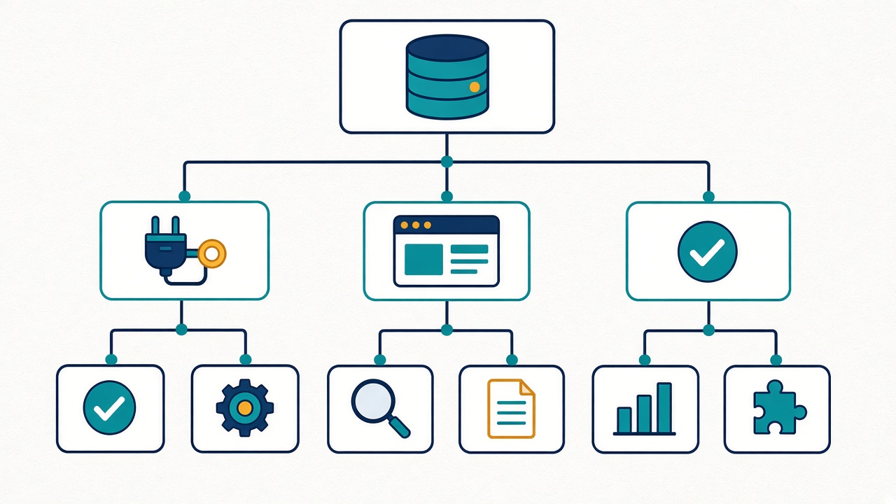 Tree diagram showing one large problem split into smaller sub-problems with database, API, UI and testing icons