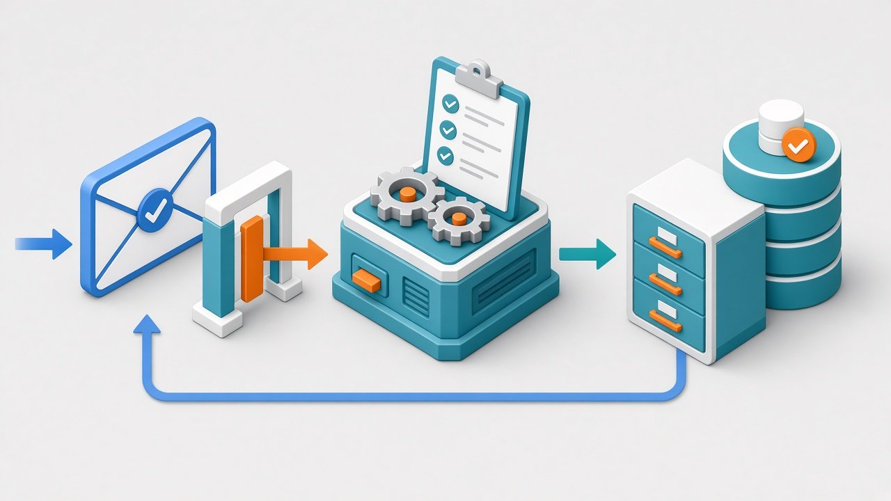 A request flowing from a controller gate into a service layer with business rules, then to a repository and database, with a response returning