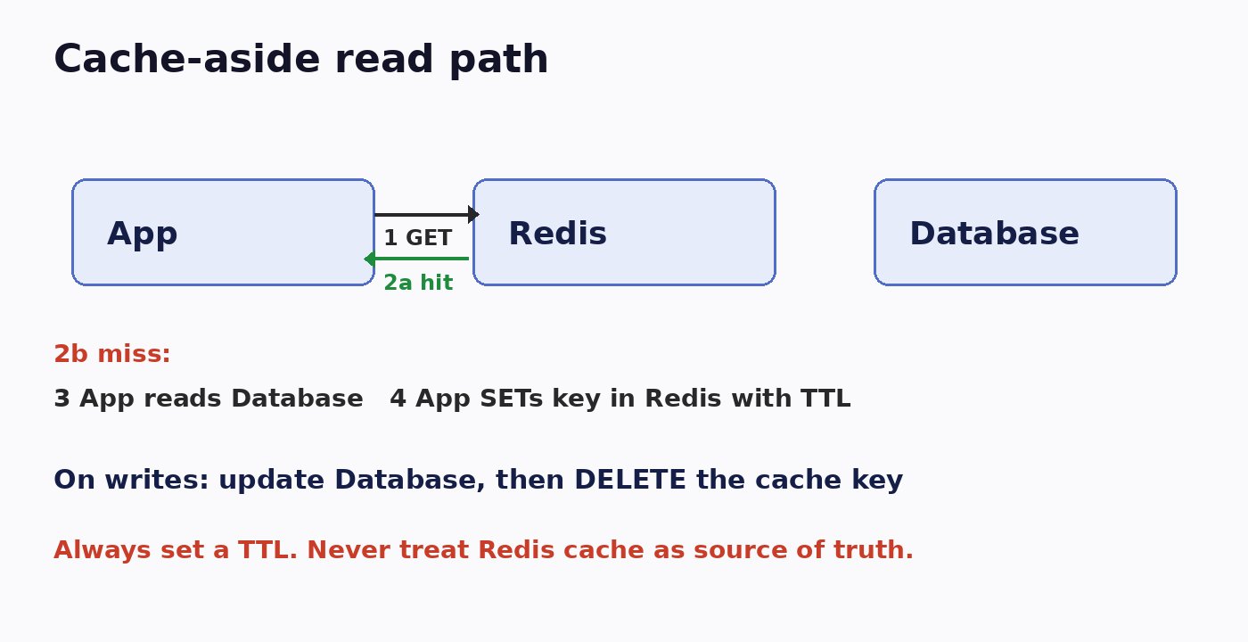 Cache-aside diagram showing app, Redis and database read and write flow