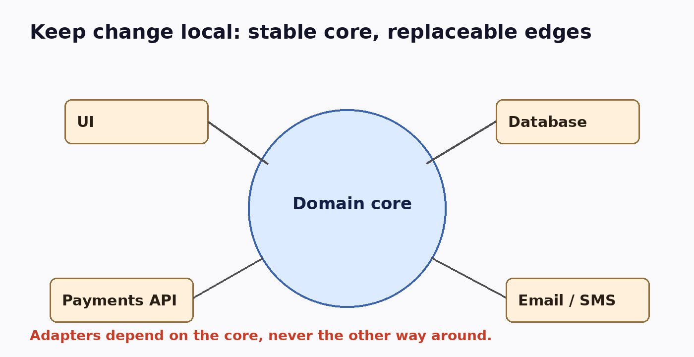 Diagram of a stable domain core surrounded by replaceable adapters for UI, database, payments API and email