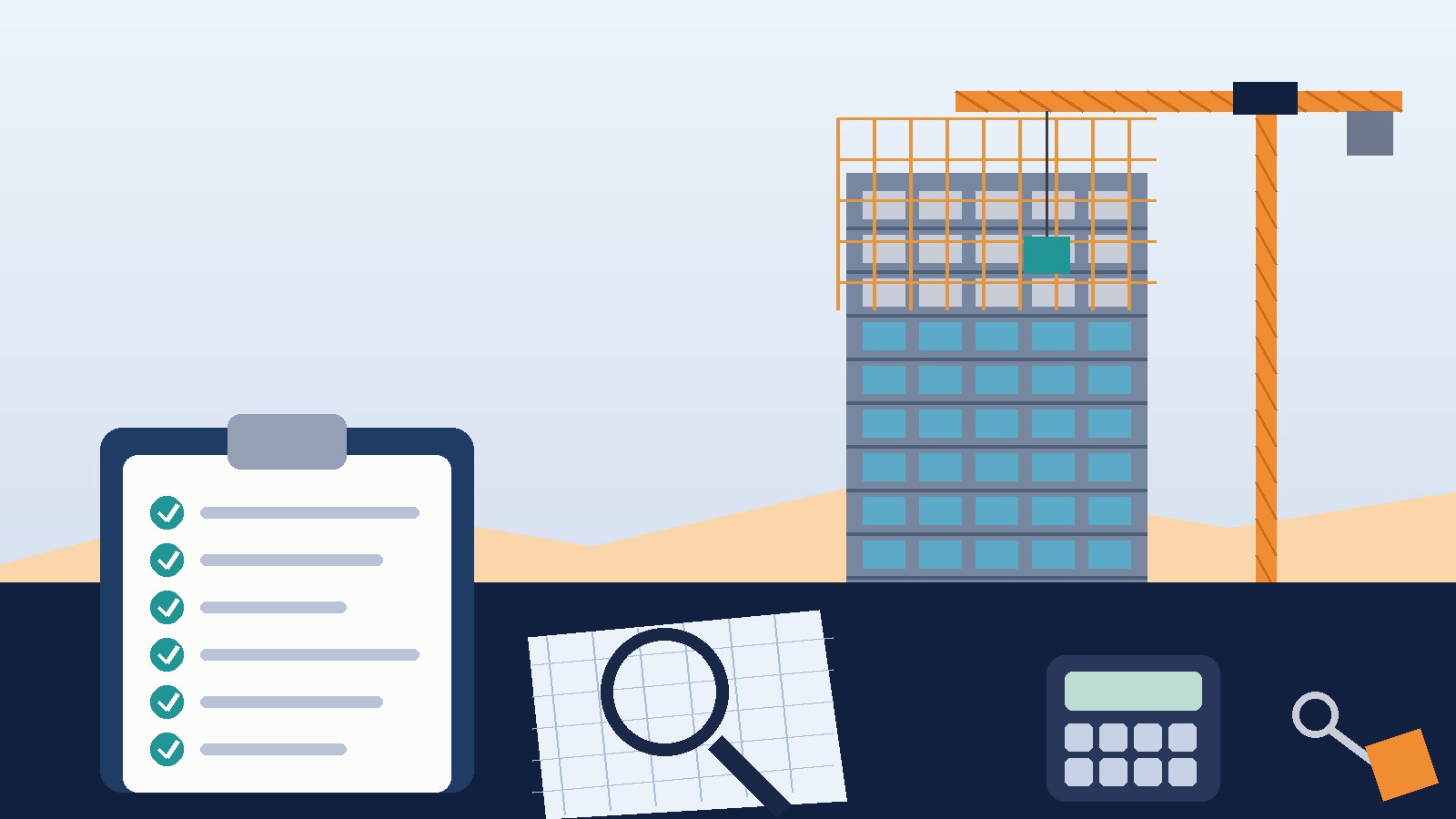 Illustration of an apartment tower under construction with a crane, beside a due diligence checklist, blueprint, magnifying glass, calculator and house key