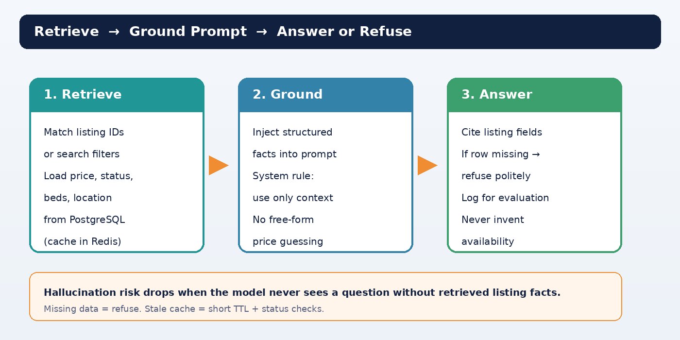 Diagram of retrieve listing facts, ground the LLM prompt, then answer or refuse