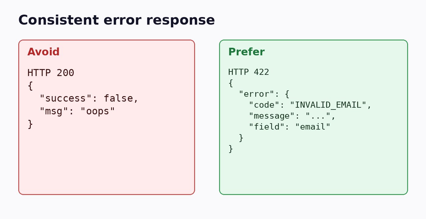 Side-by-side comparison of a vague HTTP 200 error body versus a structured HTTP 422 error with code, message and field