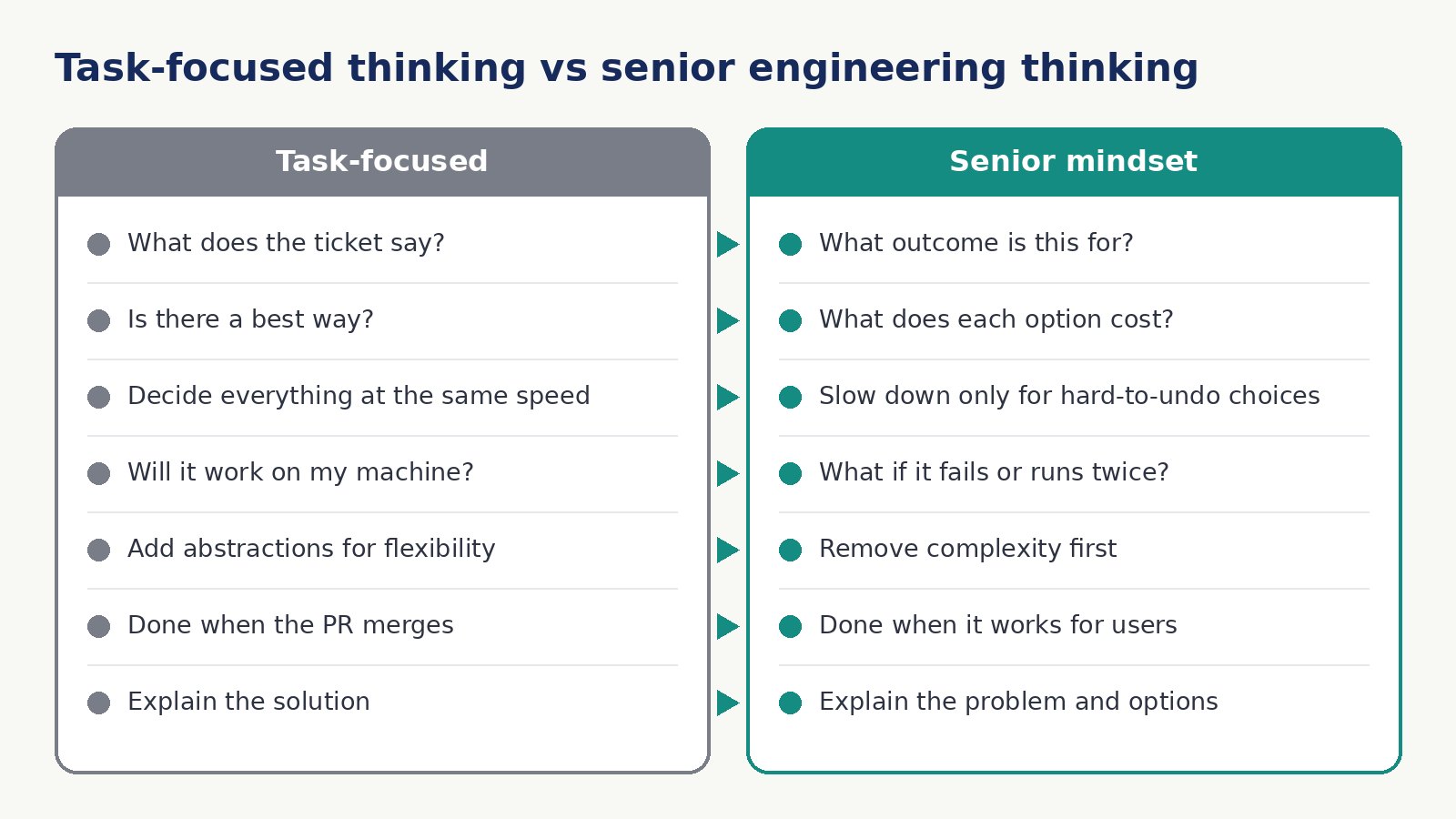 Comparison of a task-focused developer mindset and a senior engineering mindset that focuses on outcomes, trade-offs, risks and communication