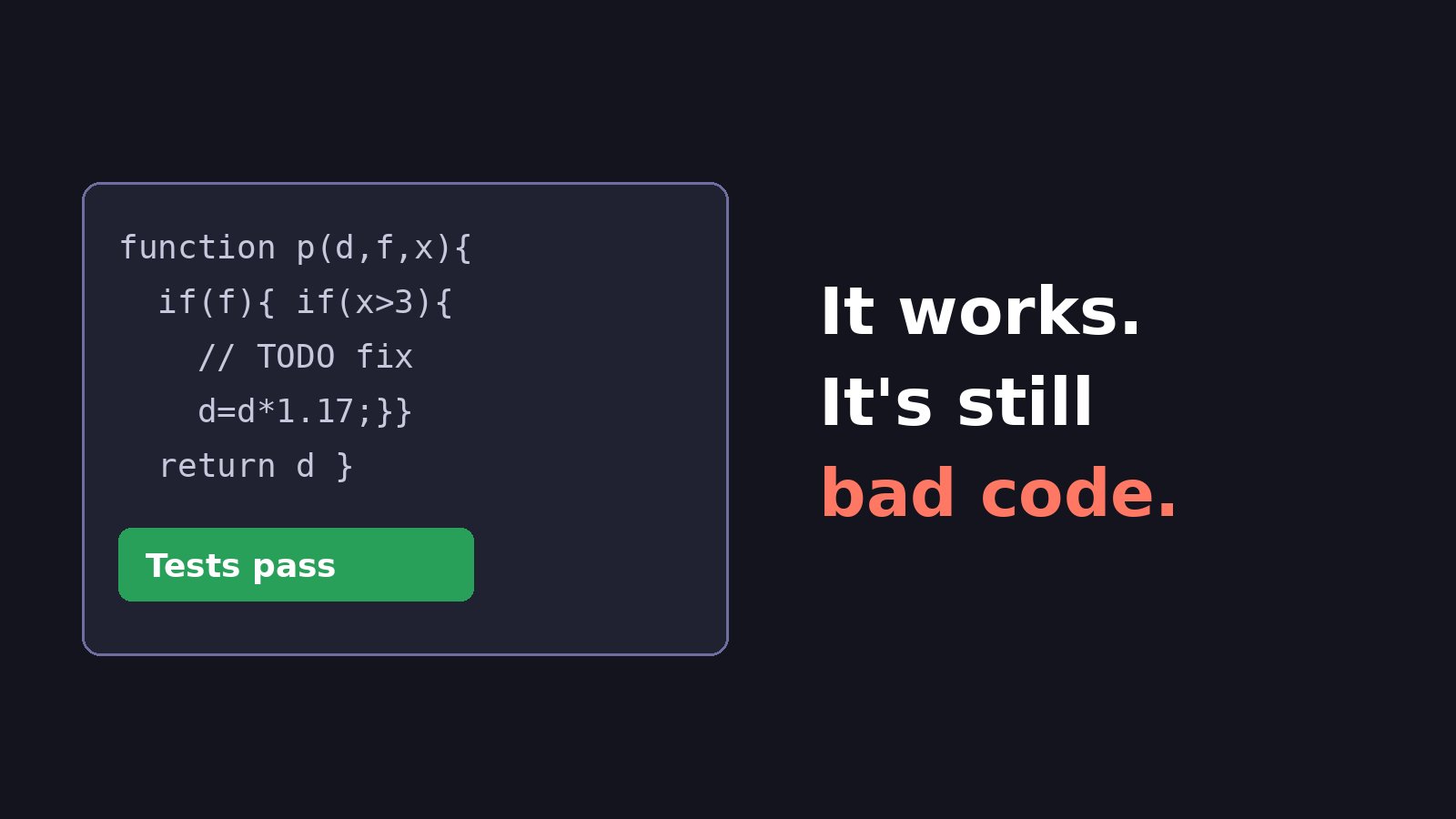 Messy function with cryptic names and a passing tests badge next to the words It works, it's still bad code