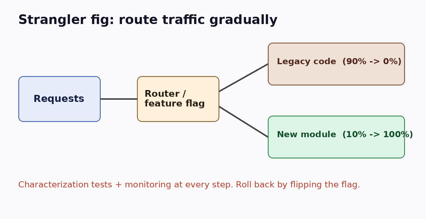 Strangler fig diagram where a router or feature flag gradually shifts requests from legacy code to a new module