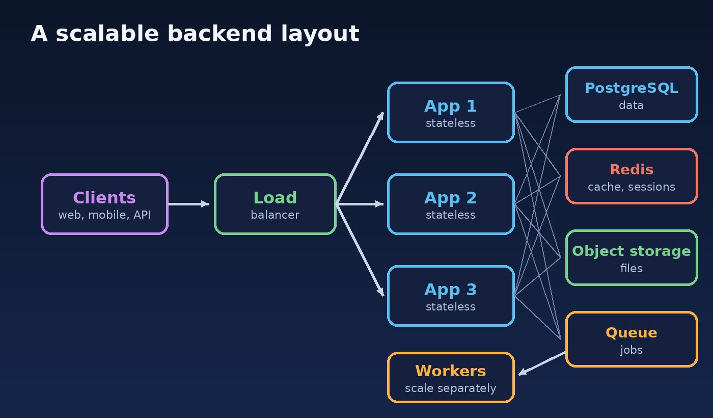 Diagram of a scalable backend: load balancer in front of several stateless app servers, which connect to PostgreSQL, Redis, object storage and a queue with background workers