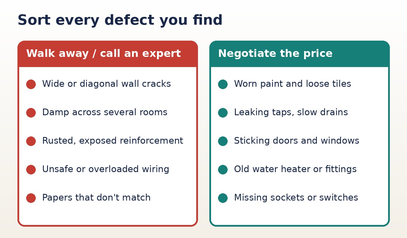 Two-column checklist: defects that mean walk away or call an expert, such as wide cracks and widespread damp, versus defects to negotiate on, such as worn paint and leaking taps