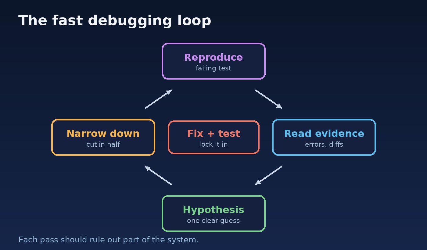 Flow diagram of a fast debugging loop: reproduce the bug, read the evidence, form a hypothesis, narrow the search, fix and add a test