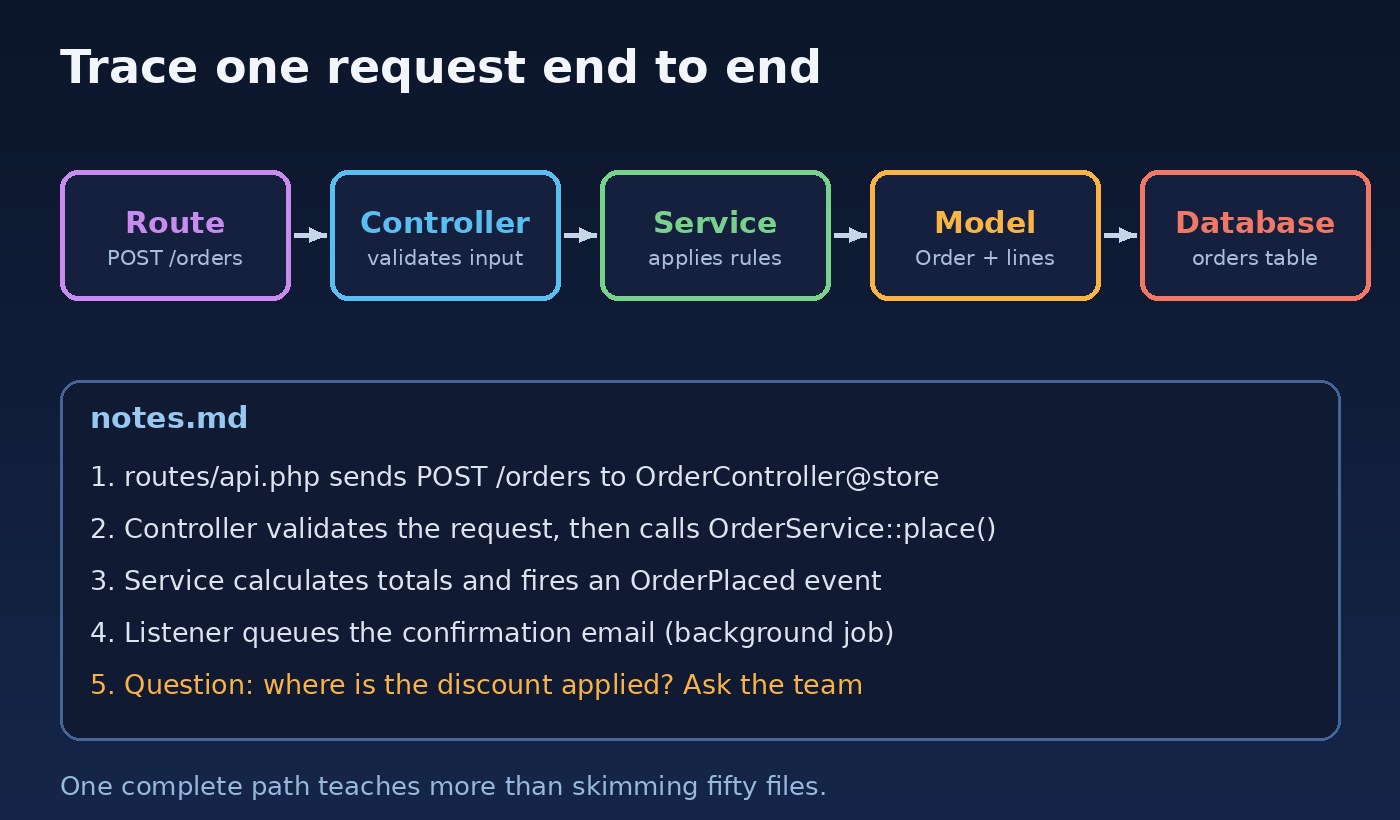 Diagram tracing one request through a codebase from route to controller, service, model and database table, with notes recorded at each step