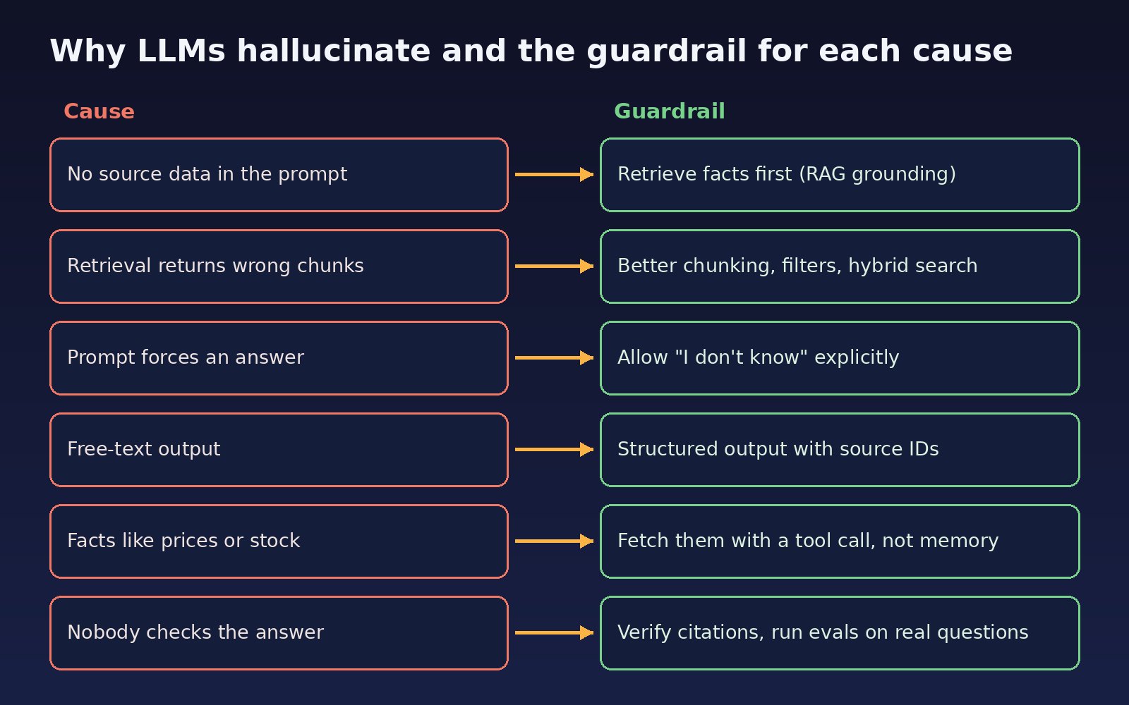 Reduce LLM hallucinations: each cause, such as missing source data or free-text output, mapped to a guardrail like RAG grounding, structured output and citation checks