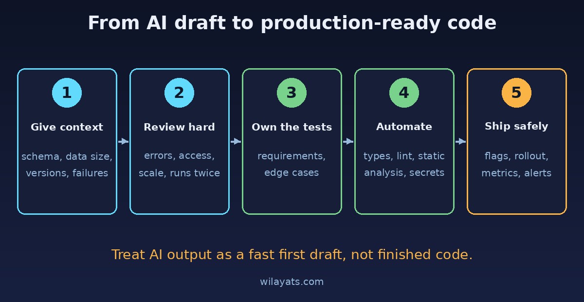 Five steps from AI draft to production-ready code: give context, review hard, own the tests, automate checks, ship safely