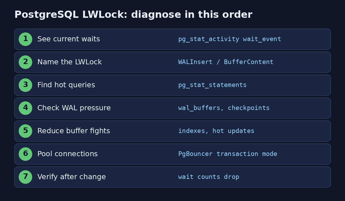PostgreSQL LWLock diagnose checklist: pg_stat_activity wait_event, WALInsert BufferContent, pg_stat_statements, wal_buffers, indexes, PgBouncer