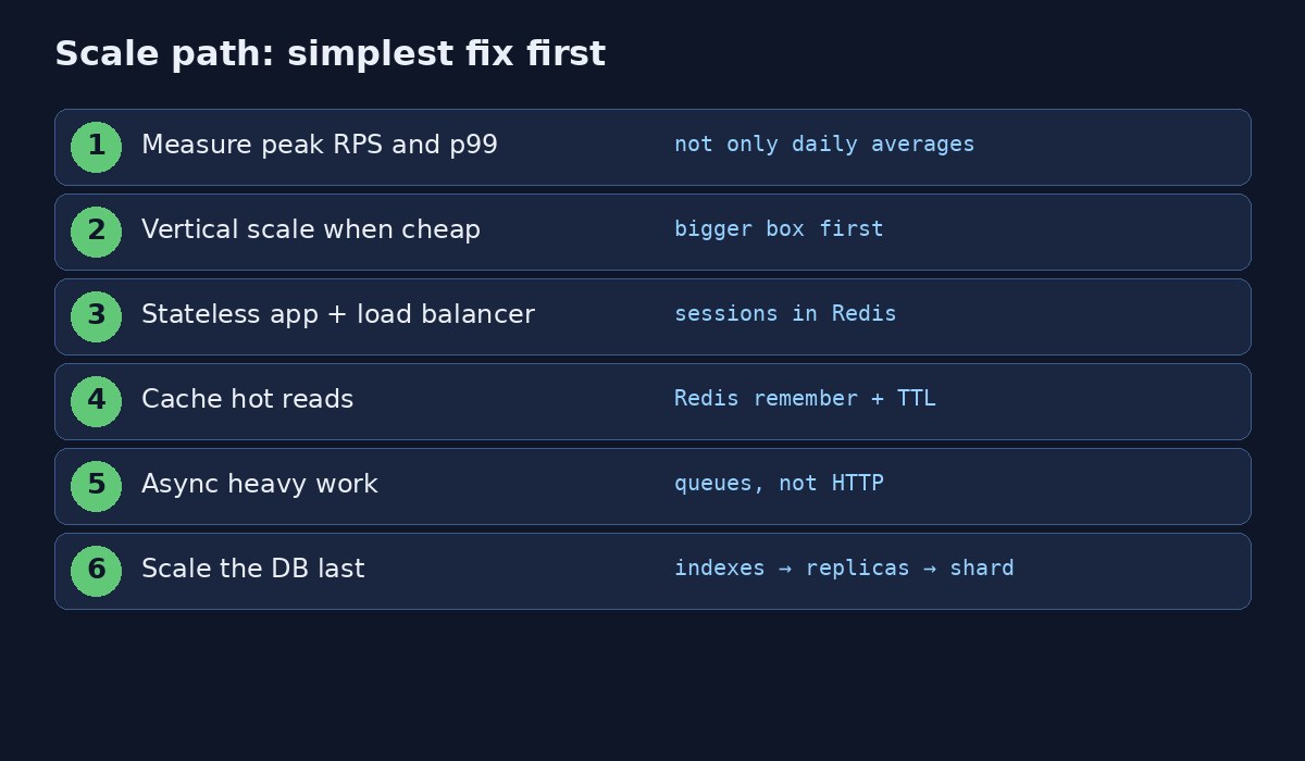 Scalable system design checklist: measure, vertical scale, load balancer, Redis, queues, database last